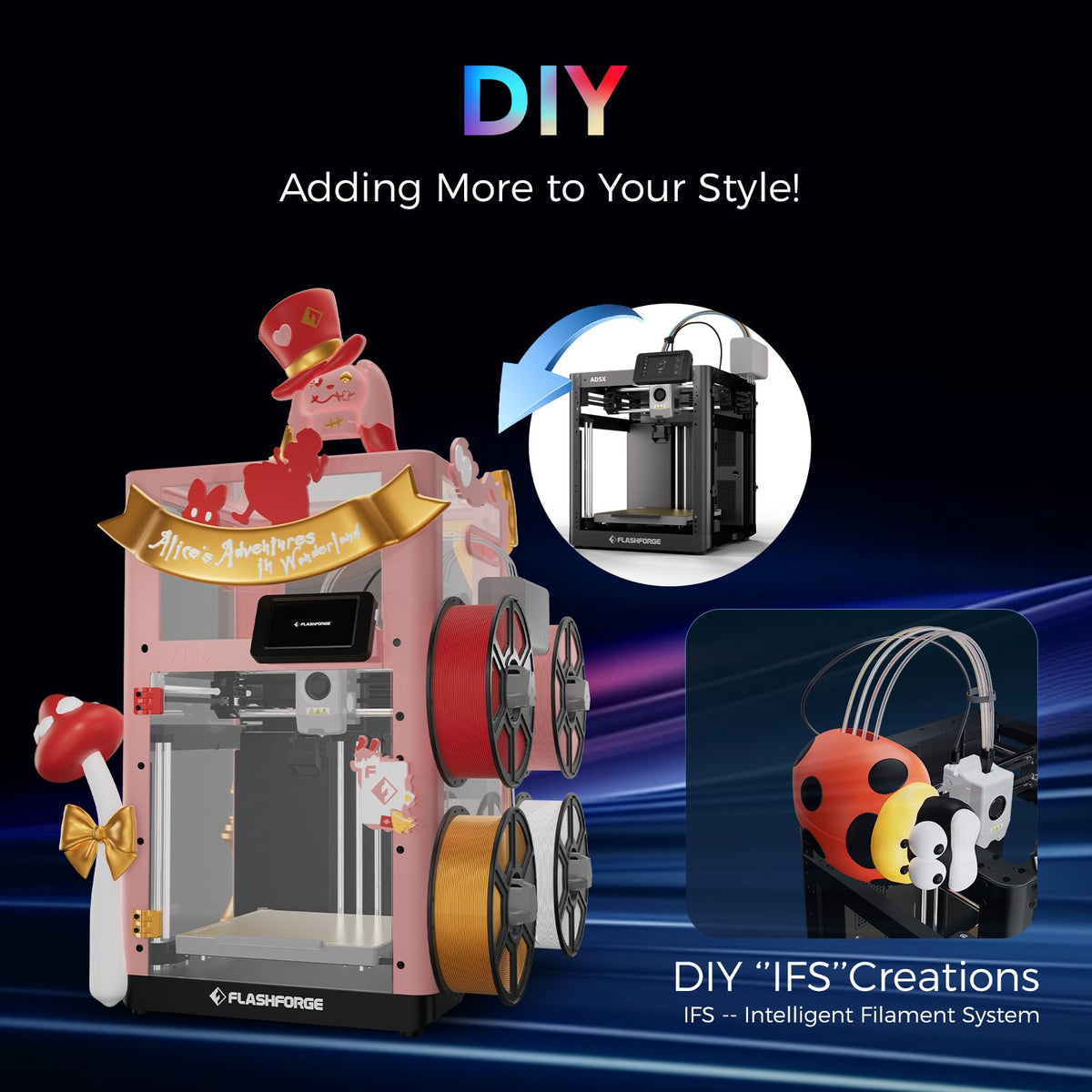 3D-Drucker Adventurer 5X AD5X mit Mehrfarbendruck und IFS, vollautomatische Nivellierung, 600 mm/s, PETG CF