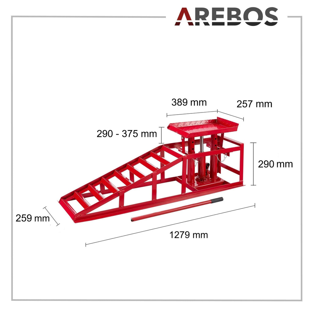 2 Auffahrrampen mit hydraulischem Wagenheber, höhenverstellbar von 290 bis 375 mm, Belastbarkeit 2 t, für PKW und Kleintransporter