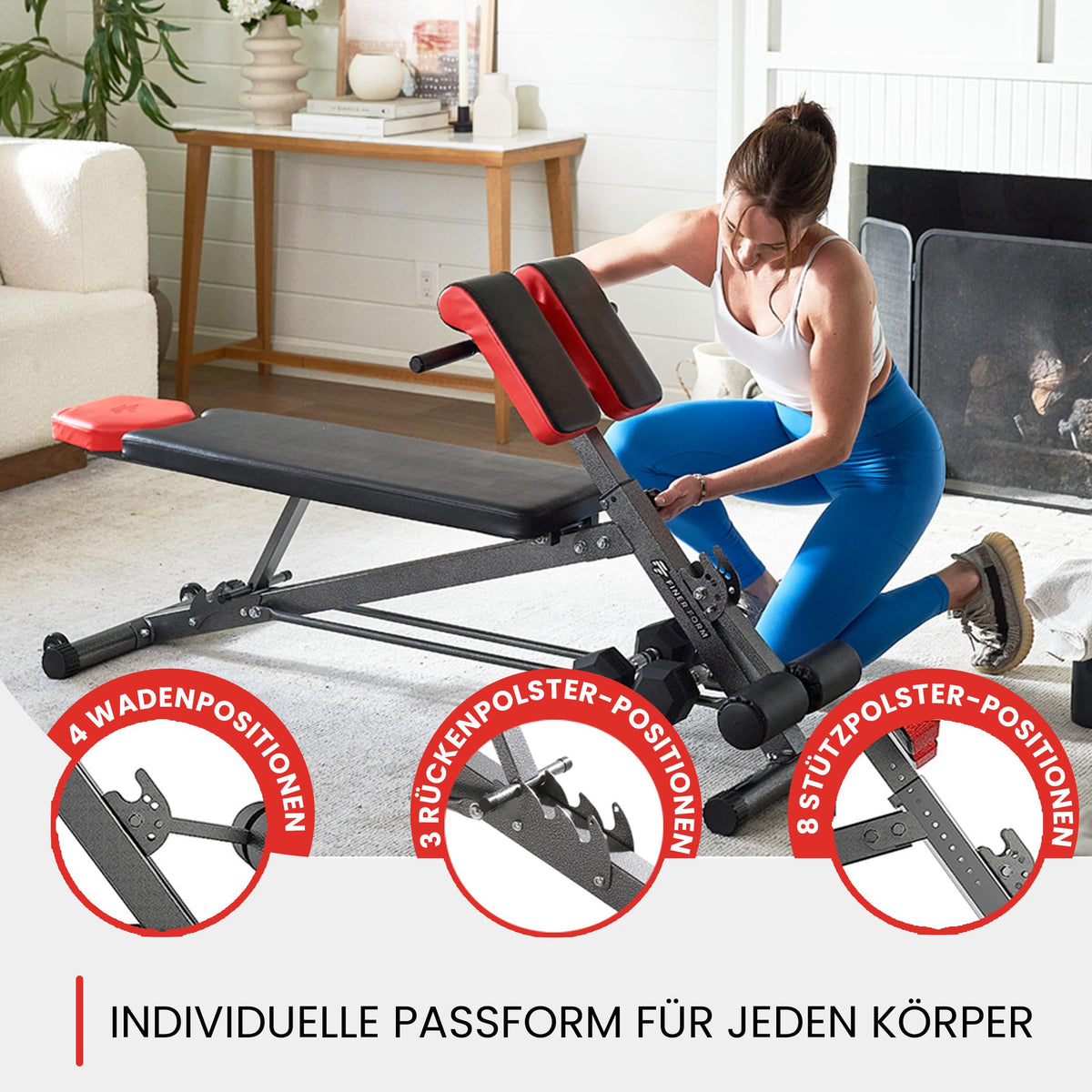 Multifunktionale Hantelbank mit Bauch- und Rückentrainer, 8-fach verstellbar, inkl. Übungsposter