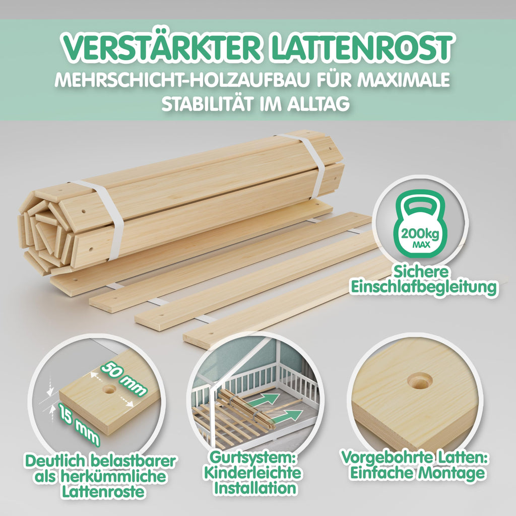 Bodenbett 120x200 cm aus Kiefernholz in Weiß mit abnehmbarem Rausfallschutz und Roll-Lattenrost, bis 200 kg belastbar