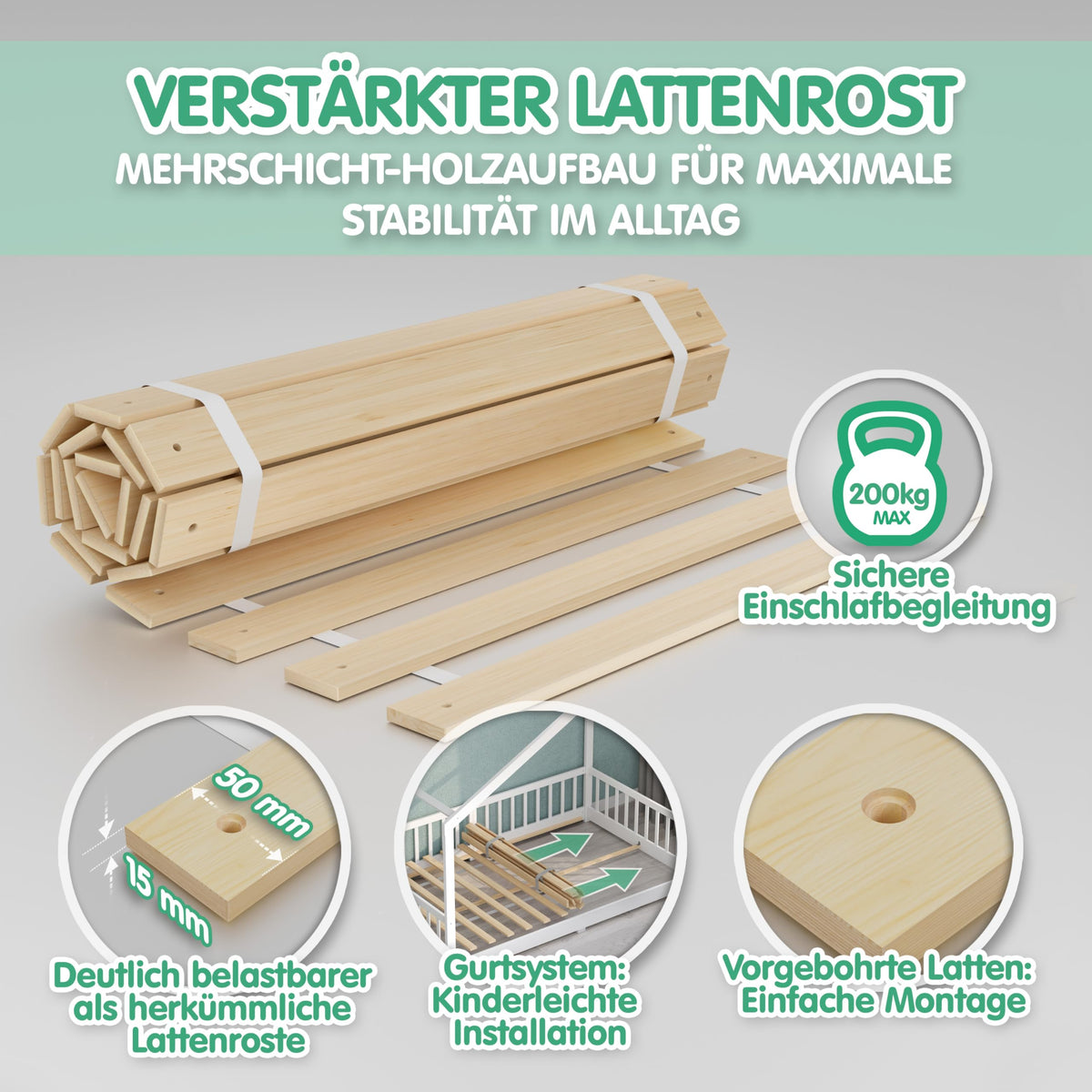 Bodenbett 120x200 cm aus Kiefernholz in Weiß mit abnehmbarem Rausfallschutz und Roll-Lattenrost, bis 200 kg belastbar