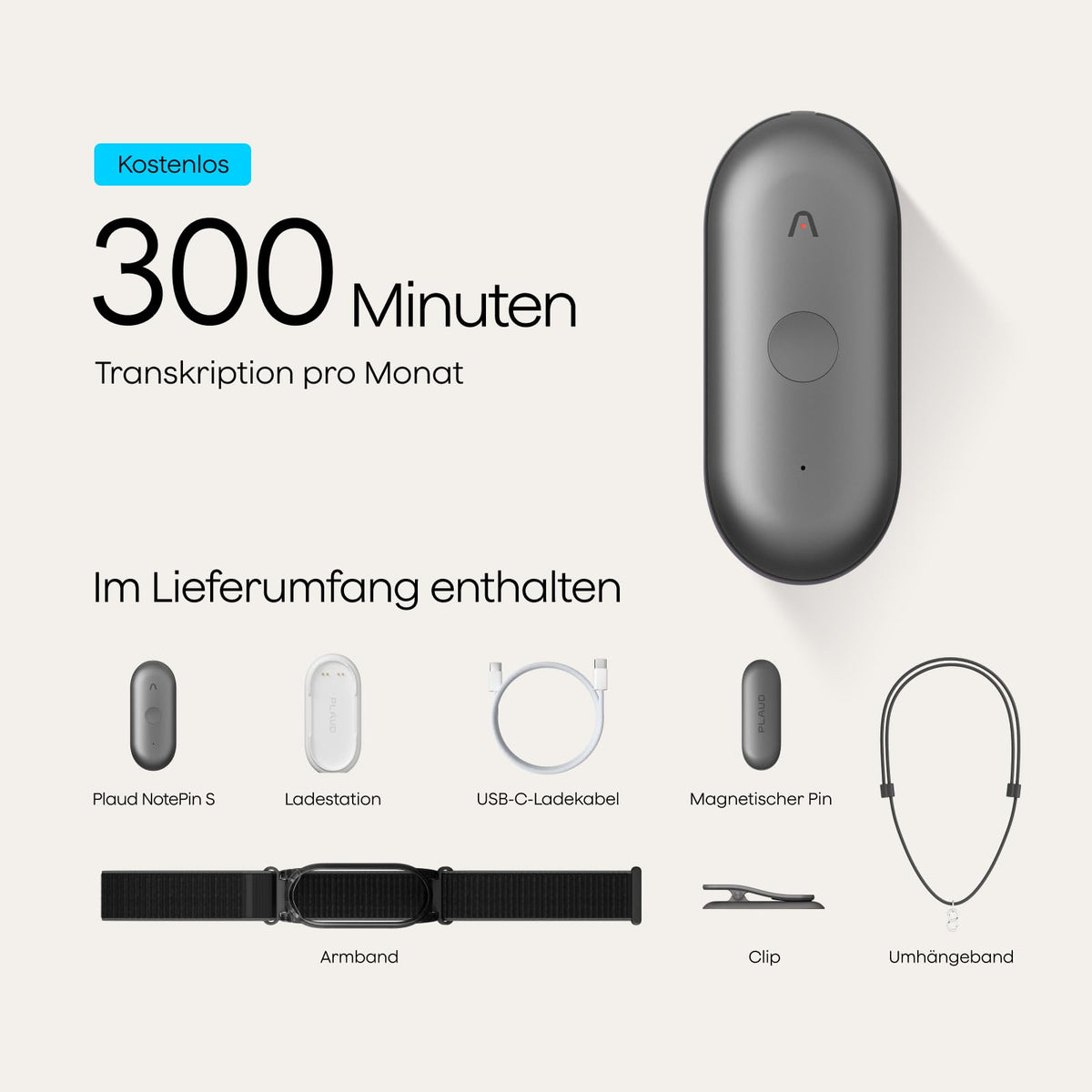 KI-Diktiergerät NotePin S 64 GB 20 Std. Aufnahme KI-Transkription 112 Sprachen 4 Tragevarianten mit USB-C-Ladestation