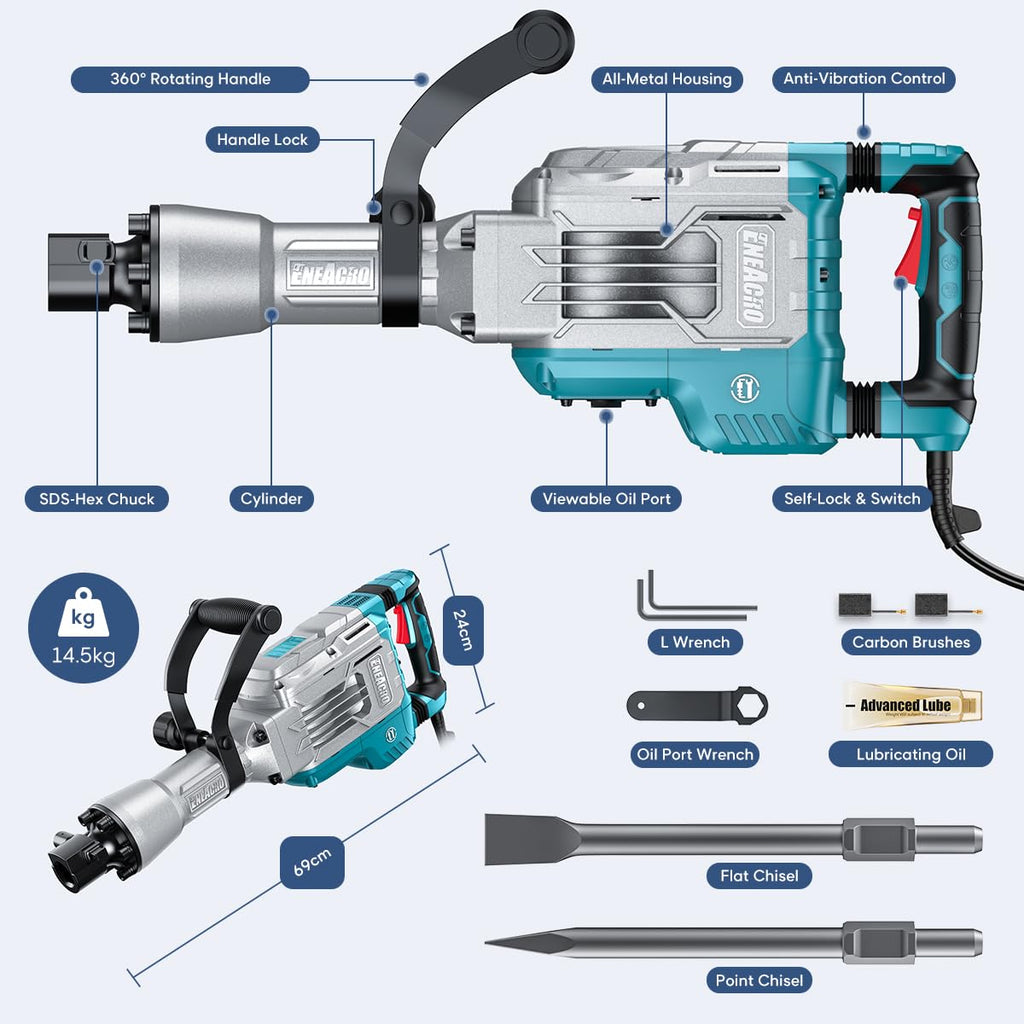 Abbruchhammer 1700 W SDS-Hex Stemmhammer mit 65 Joule, Anti-Vibrationshandgriff sowie 2 Meißeln und Transportbox mit Rollen