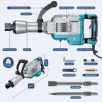 Abbruchhammer 1700 W SDS-Hex Stemmhammer mit 65 Joule, Anti-Vibrationshandgriff sowie 2 Meißeln und Transportbox mit Rollen