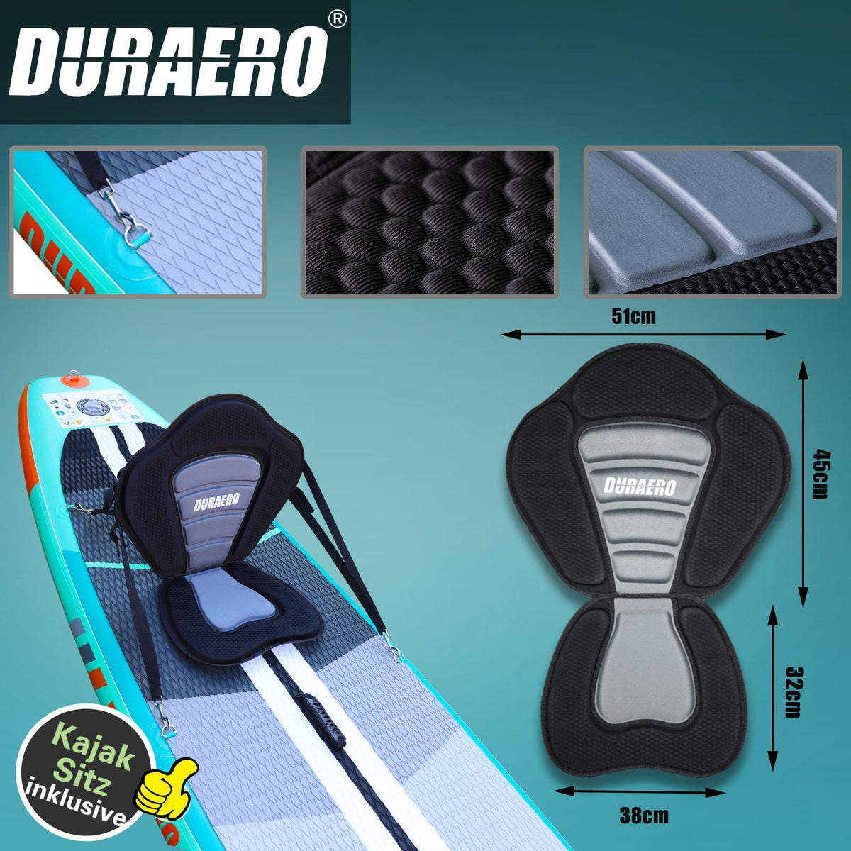 Aufblasbares SUP Set mit Kajaksitz, 330x76x15 cm, Doppel-Paddel und Zubehör, Tragkraft bis 150 kg
