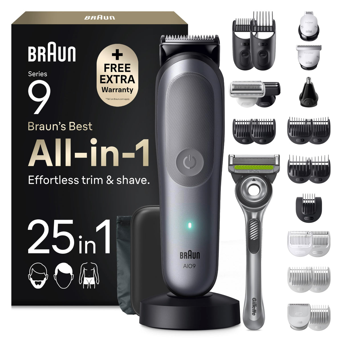 Multigroom All-in-One Series 9 Bart- und Haartrimmer AIO9565 mit 15 Kämmen und 6 Aufsätzen in Grau