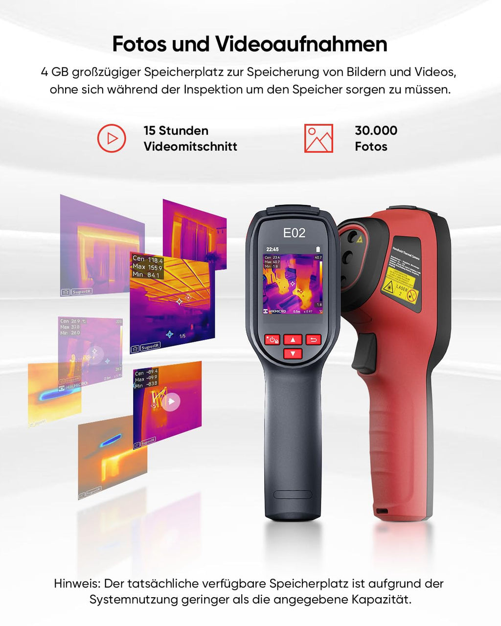 Wärmebildkamera E02 mit SuperIR 240 x 240 IR-Auflösung und visueller Kamera, 20 Hz, -20 °C bis 400 °C