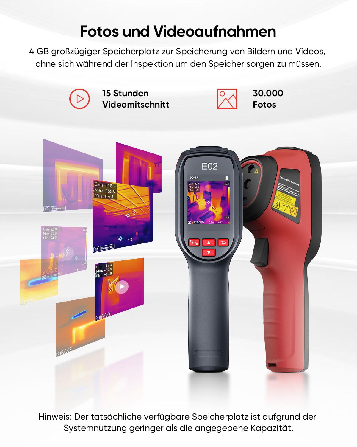 Wärmebildkamera E02 mit SuperIR 240 x 240 IR-Auflösung und visueller Kamera, 20 Hz, -20 °C bis 400 °C