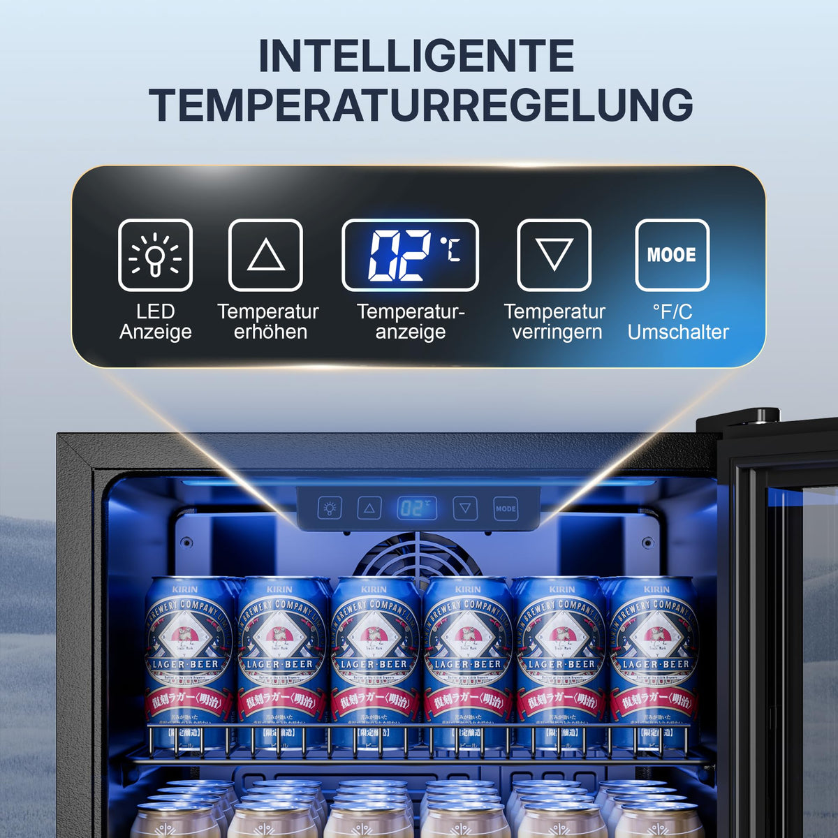 90L Getränkekühlschrank mit Glasfront und digitaler Temperaturregelung, für bis zu 128 Dosen, schwarz