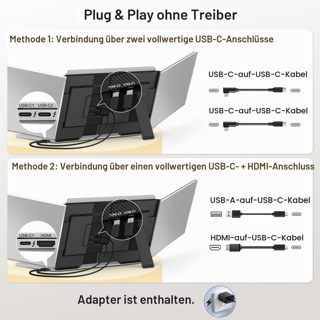 Tragbarer Laptop-Bildschirm 15,6"""" FHD 1080p Dreifach-Monitor für 13–17,3"""" Laptops, USB-C/HDMI Plug & Play mit Tasche