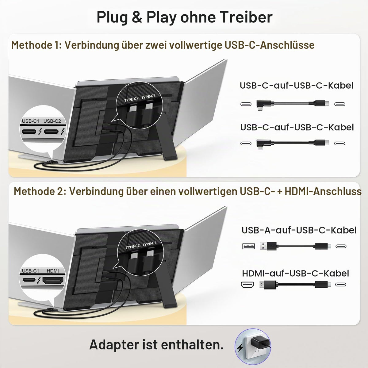 Tragbarer Laptop-Bildschirm 15,6"""" FHD 1080p Dreifach-Monitor für 13–17,3"""" Laptops, USB-C/HDMI Plug & Play mit Tasche