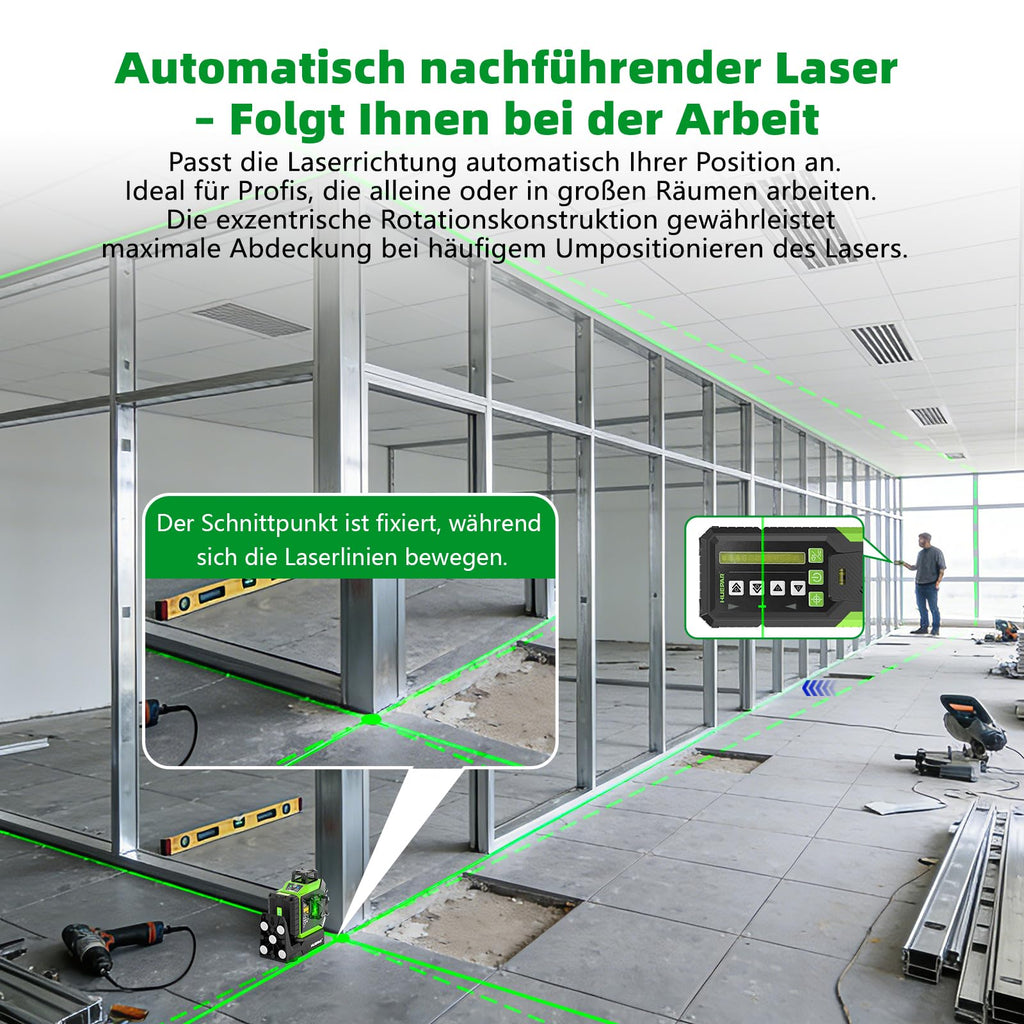 Kreuzlinienlaser 360 Grad mit motorischer Basis, Fernbedienungsempfänger und 5200-mAh-Akku