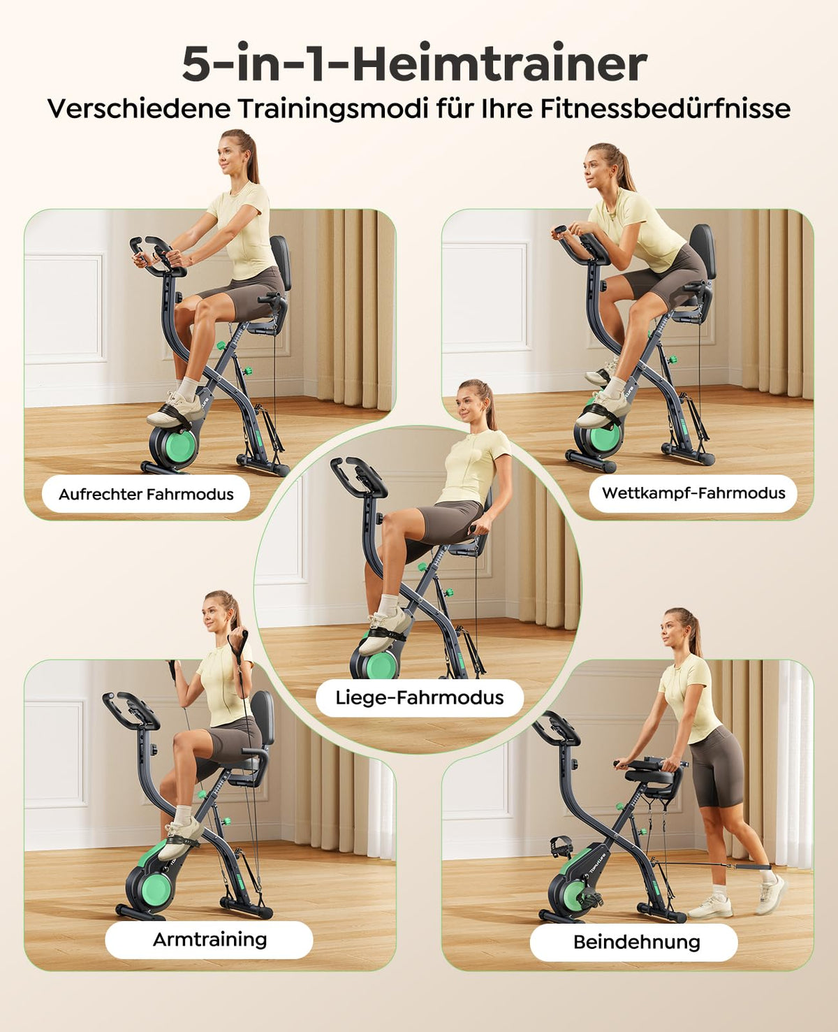 Klappbarer Heimtrainer mit 5-in-1-Training, 16 Magnetwiderstandsstufen und App-Kompatibilität, bis 140 kg