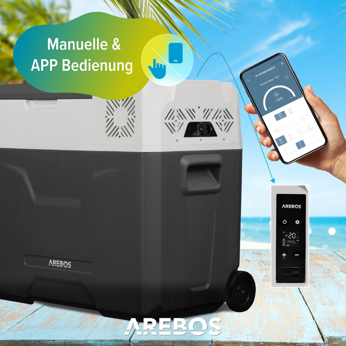 Kompressor-Kühlbox 47 Liter mit Rollen Teleskopstange App-Steuerung LCD-Touchscreen 12/24 V und 230 V Kühl- und Warmfunktion