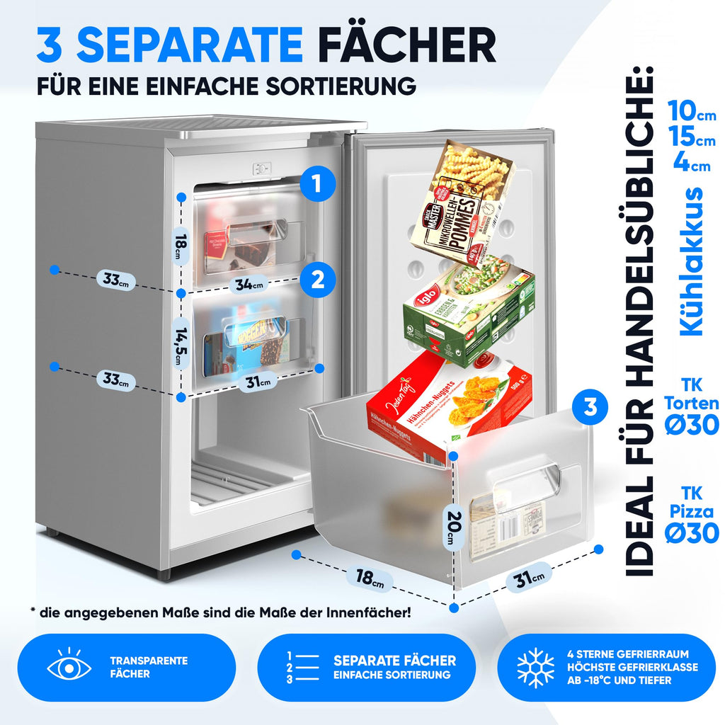 Klein-Gefrierschrank 73 L mit 4-Sterne-Gefrierfach, 3 Fächer und wechselbarem Türanschlag, silber