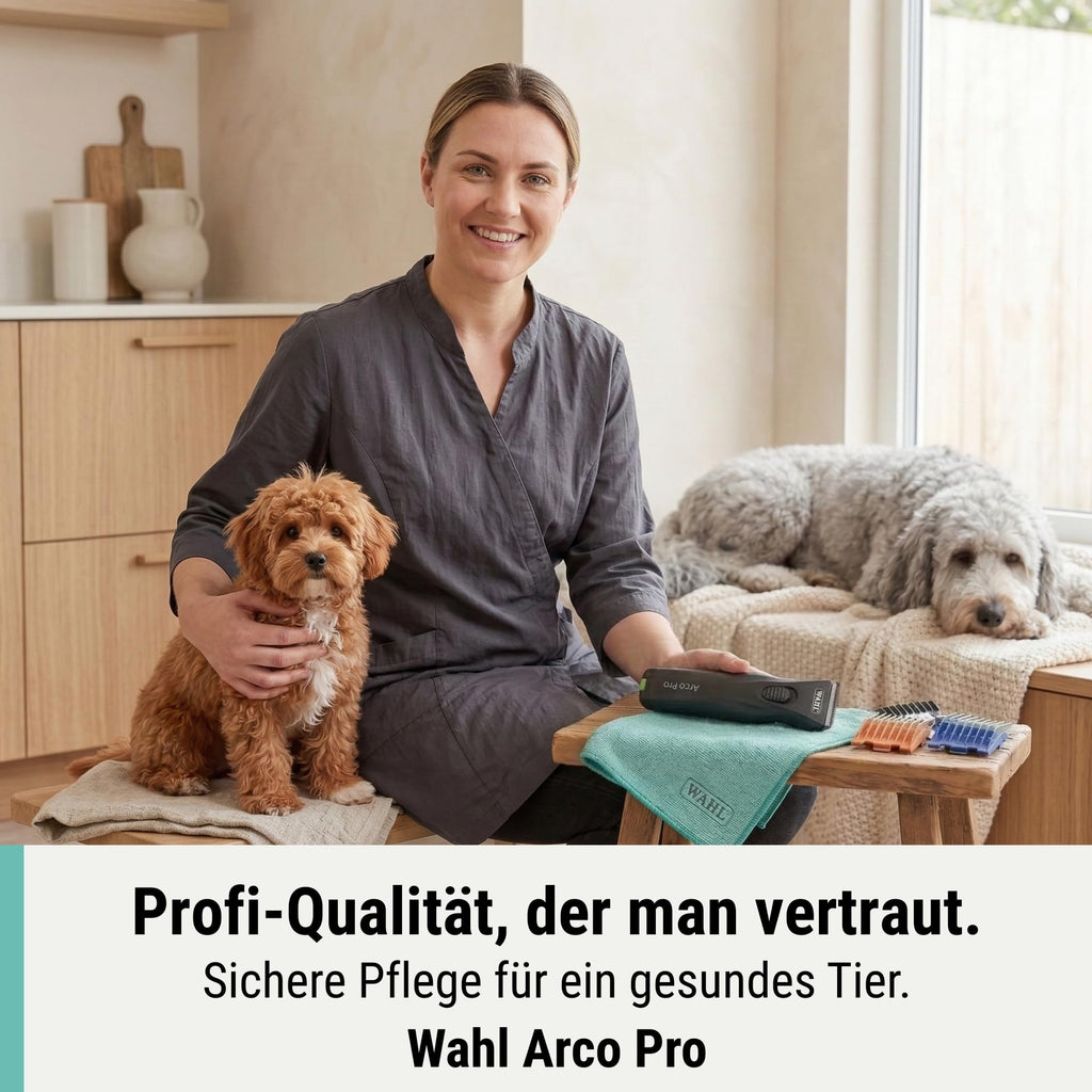 Akku-Haarschermaschine Arco Pro für Hunde und Katzen mit 1,5 mm Edelstahlklinge 120 Min Akkulaufzeit Aufsteckkämmen