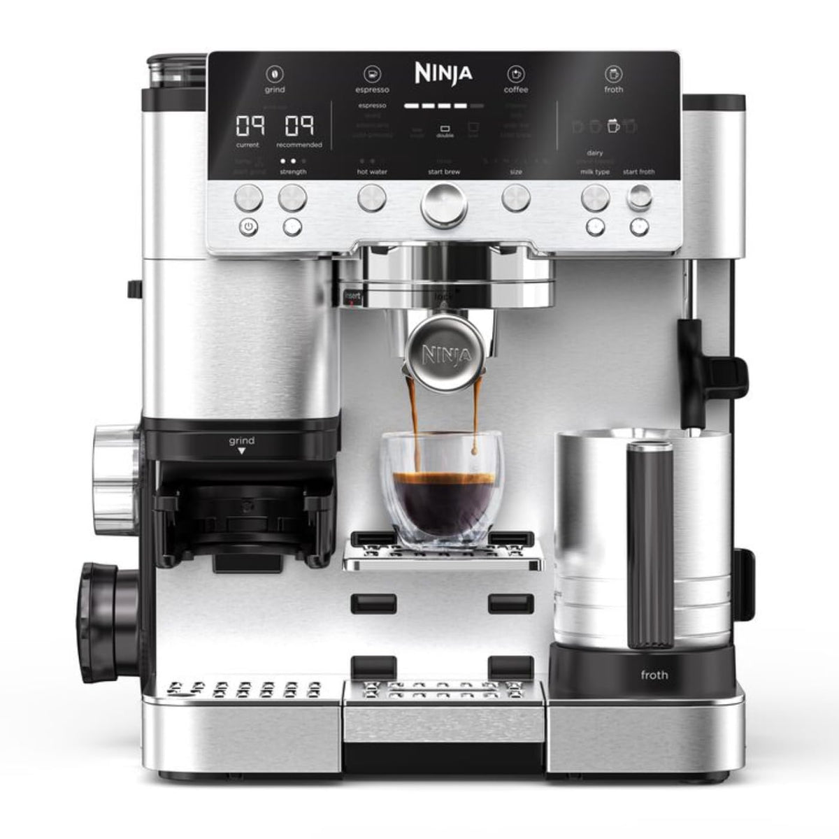 3-in-1-Kaffeemaschine mit Mahlwerk und Milchaufschäumer, Espresso-, Cold-Brew- und Filterkaffee, 1,5 L, Silber