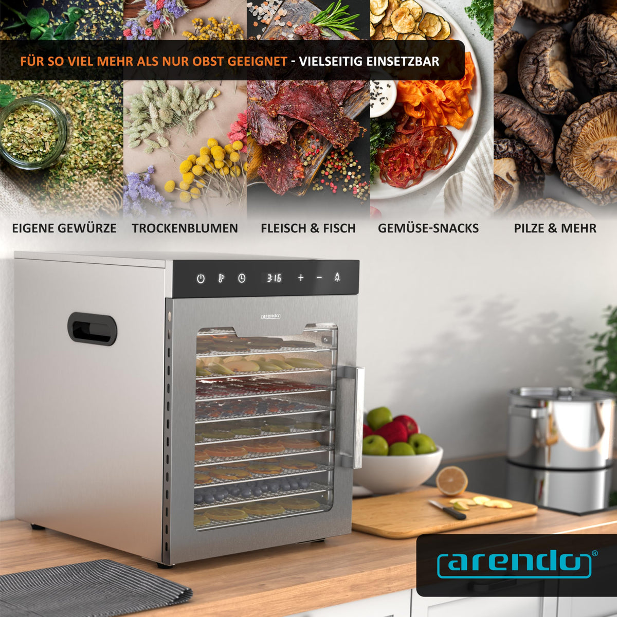 Dörrautomat aus Edelstahl mit 12 Gitterrosten, 800 W, 30-90 °C, 12 Einlegetabletts mit insgesamt 10.000 cm², für Obst, Fleisch und Pilze