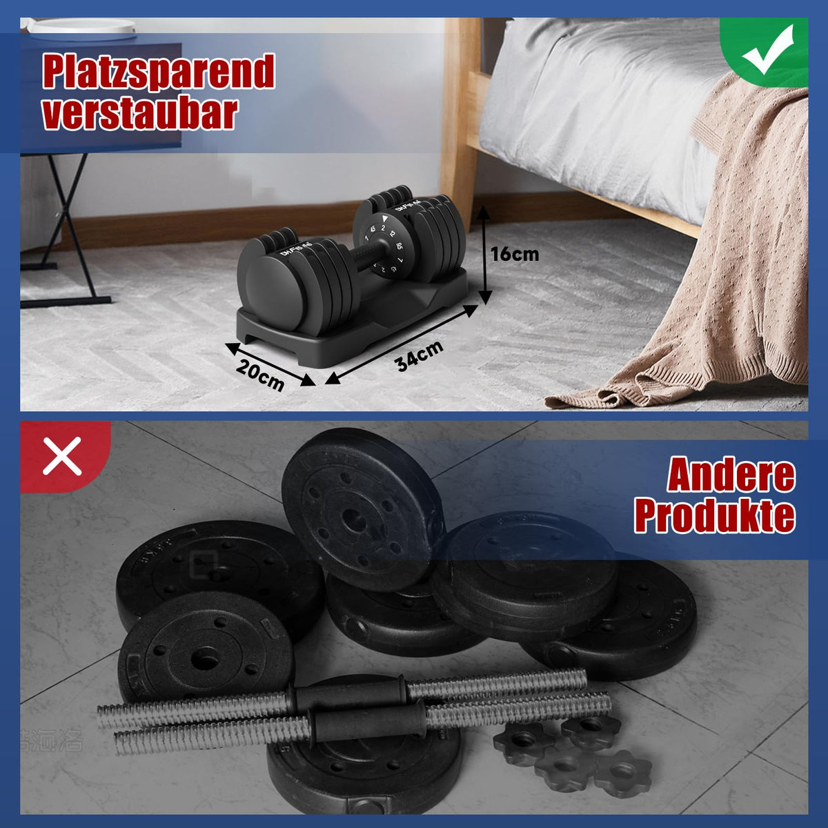 Verstellbares Kurzhantelset 5-in-1 2 bis 12 kg 5 Gewichtsstufen mit Ablagegestell und Anti-Rutsch-Griff