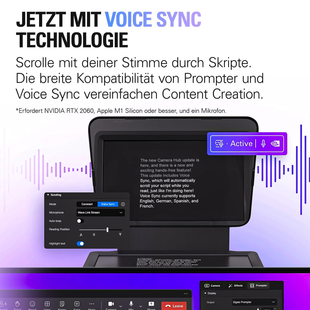 Teleprompter mit integriertem 9-Zoll-Display, 1024 x 600 px, USB-C, für Kameras mit Adapterringen 49-82 mm