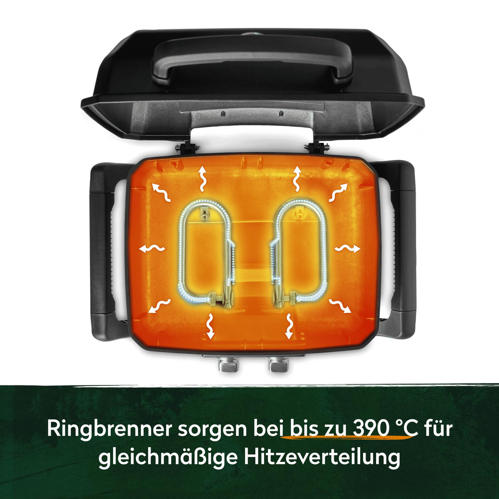 Tragbarer Gasgrill Wayne mit 2 Brennern, 4,4 kW, Aludruckguss, Gusseisenrosten und Abdeckhaube