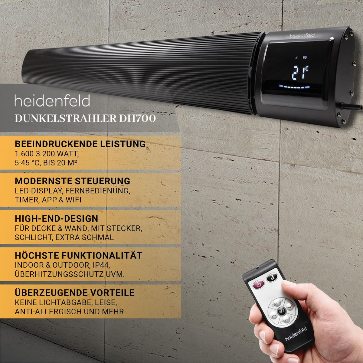 Dunkelstrahler 3200 Watt für Räume bis 20 m², DH700 mit App- und WLAN-Steuerung sowie Fernbedienung