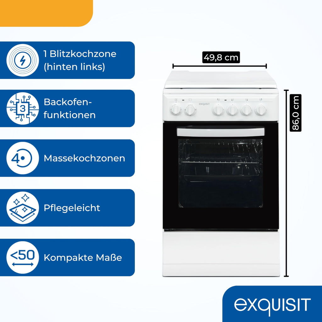 Freistehender Elektroherd EH9-3-090weiss, 50 cm breit, 48 l Backofen mit 4 Kochplatten und Energieklasse A, inkl. Grillrost und Backblech
