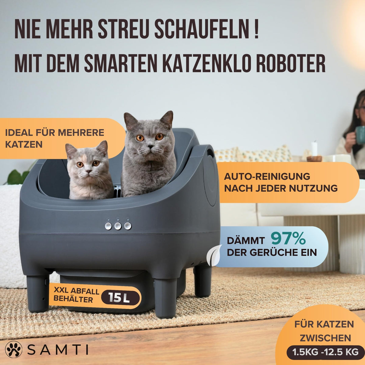 Selbstreinigendes Katzenklo XXL mit 15-Liter-Behälter und App-Steuerung, offenes elektrisches Katzenklo für Mehrkatzen-Haushalte