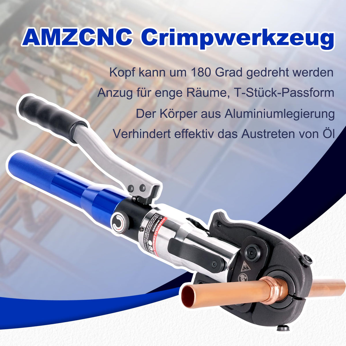 Hydraulische Presszange V- und TH-Kontur 8 t 180° drehbarer Kopf für Kupfer Edelstahl und Verbundrohre mit 8 Pressbacken