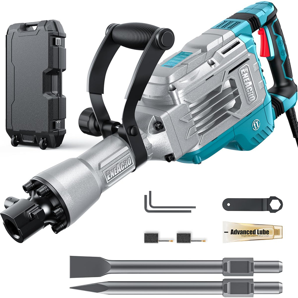 Abbruchhammer 1700 W SDS-Hex Stemmhammer mit 65 Joule, Anti-Vibrationshandgriff sowie 2 Meißeln und Transportbox mit Rollen