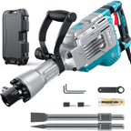 Abbruchhammer 1700 W SDS-Hex Stemmhammer mit 65 Joule, Anti-Vibrationshandgriff sowie 2 Meißeln und Transportbox mit Rollen