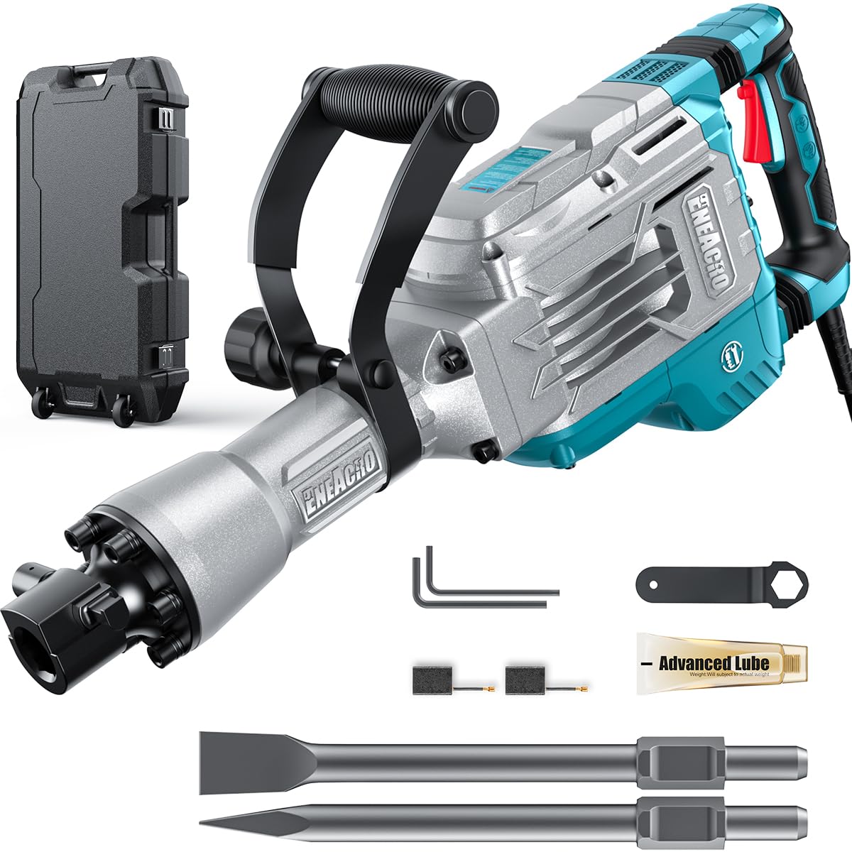 Abbruchhammer 1700 W SDS-Hex Stemmhammer mit 65 Joule, Anti-Vibrationshandgriff sowie 2 Meißeln und Transportbox mit Rollen