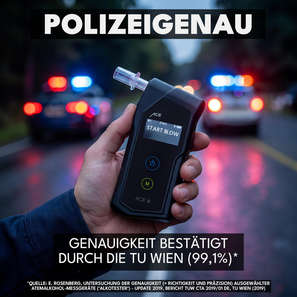 Alkoholtester X mit elektrochemischem Sensor 2 AAA-Batterien Transporttasche und 6 Mundstücken