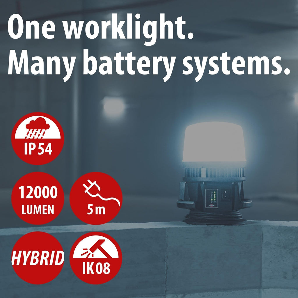 LED Baustrahler 360° Hybrid 12000lm für 18V Akku, 4 Schaltstufen, 5m Kabel, ohne Akku