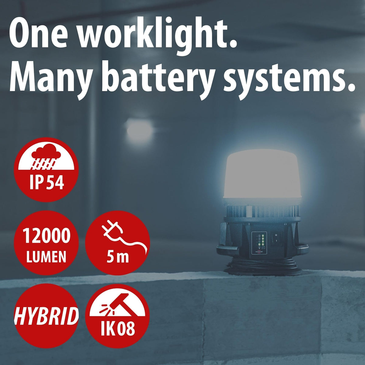 LED Baustrahler 360° Hybrid 12000lm für 18V Akku, 4 Schaltstufen, 5m Kabel, ohne Akku