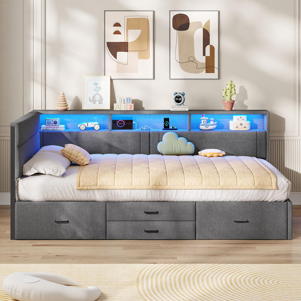 Polsterbett 90x200 cm mit LED-Beleuchtung USB-Ladestationen Stauraum und 4 Schubladen Dunkelgrau