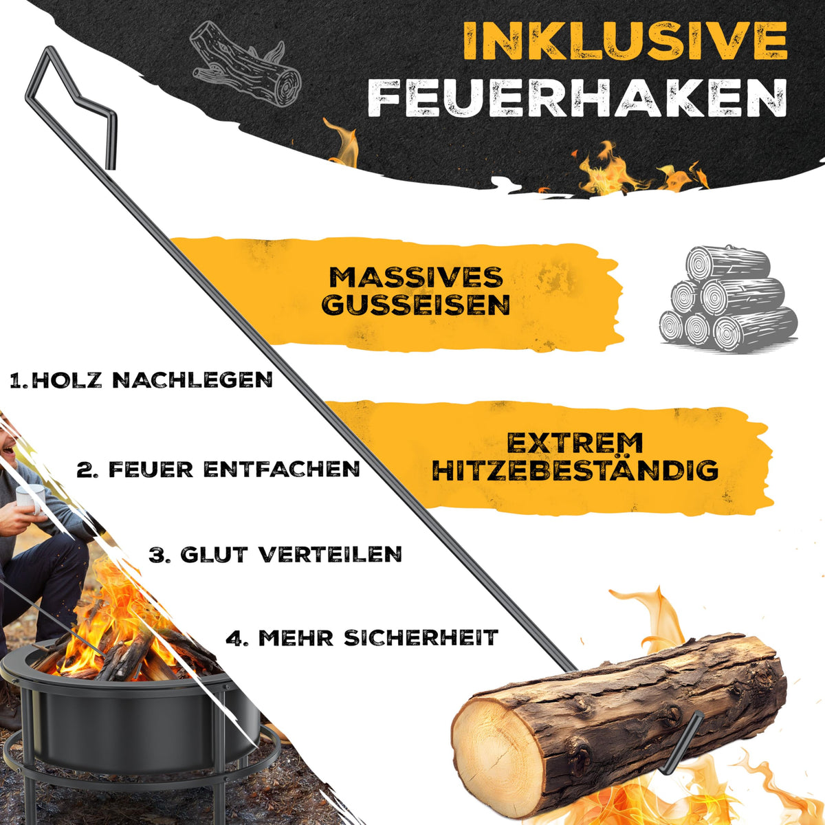 Feuerschale mit Grillrost Ø65 cm aus Stahl mit Rollen Funkenschutz Grillrost Ø52 cm und Feuerhaken 60 cm