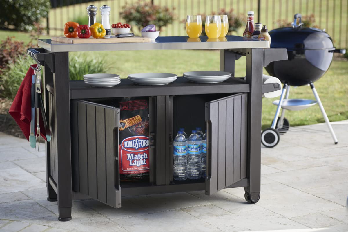 BBQ-Beistelltisch Unity XL, 134 x 51,7 x 89,6 cm, graphitgrau, wetterfest, mit Edelstahl-Arbeitsplatte, Besteckhaken, Küchenrollenhalter und