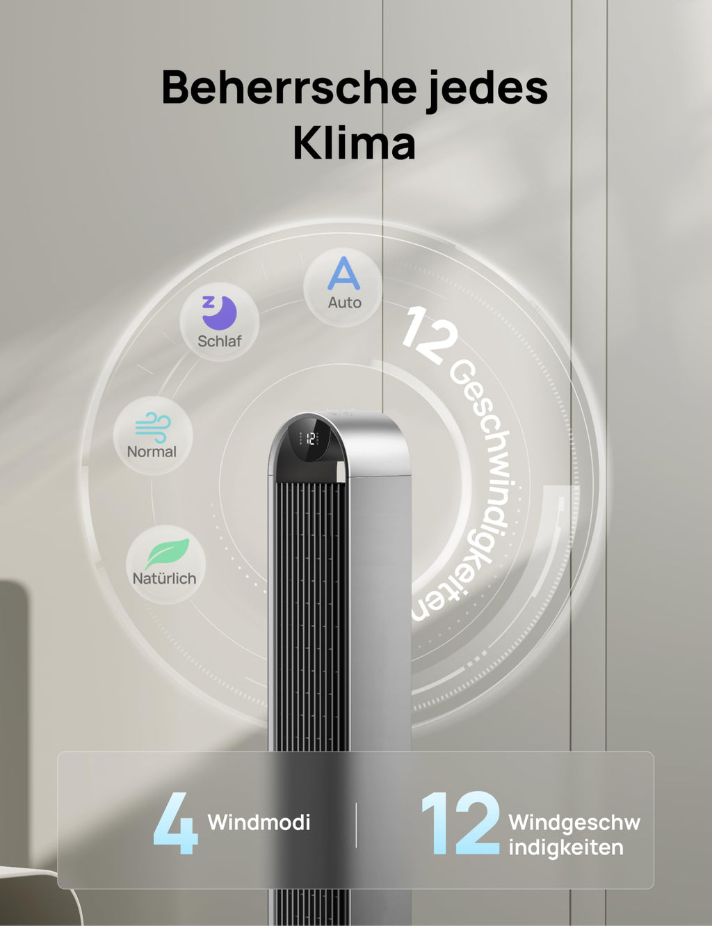 Turmventilator Pilot Max S, 120° oszillierend, 25 dB leise, 12 Geschwindigkeiten und 4 Modi, mit Fernbedienung und App-Steuerung
