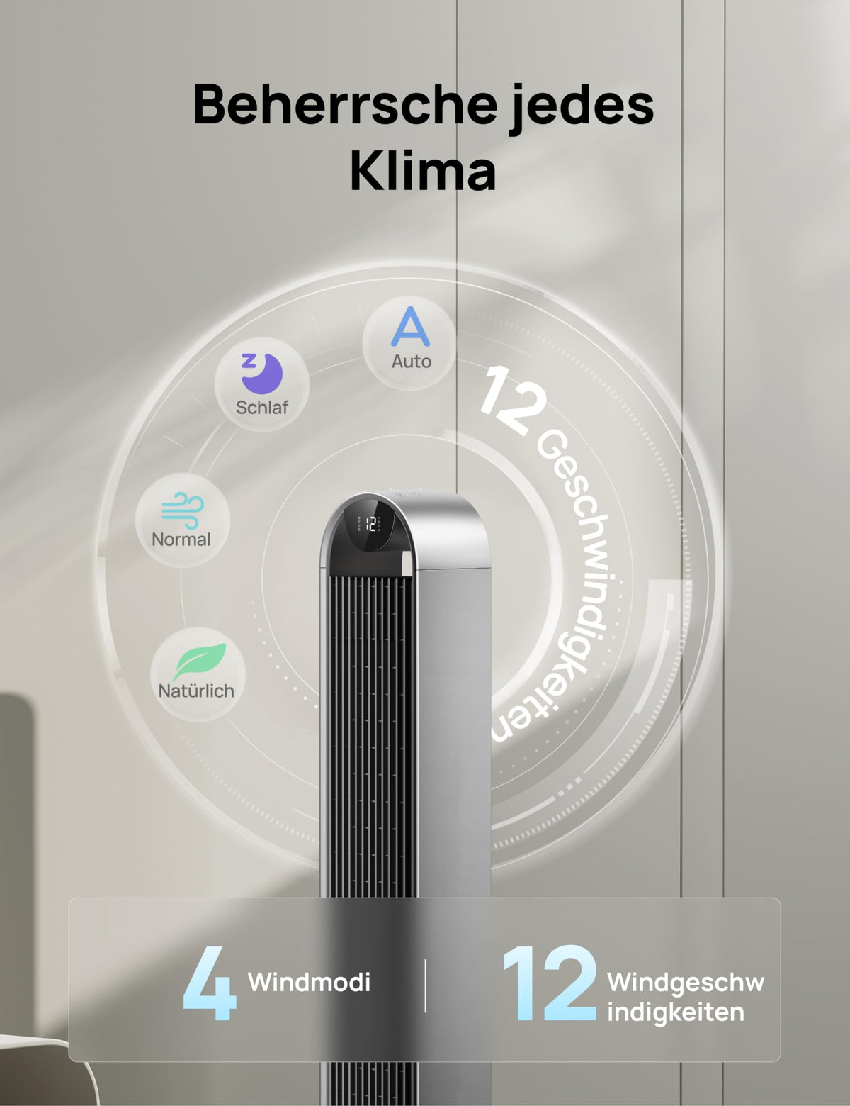 Turmventilator Pilot Max S, 120° oszillierend, 25 dB leise, 12 Geschwindigkeiten und 4 Modi, mit Fernbedienung und App-Steuerung