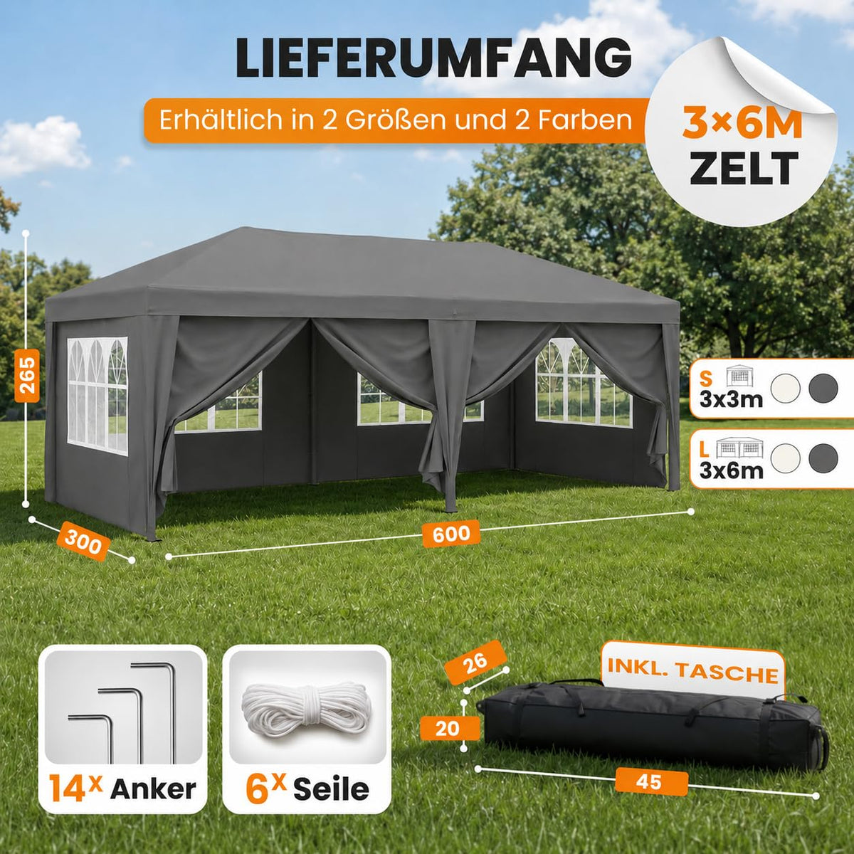 Faltpavillon 3x6 m wasserdicht mit Seitenwänden, OneTouch Aufbau, UV 50+ Schutz, Stahlgestell, Rolltasche, Spannseile und Erdanker, grau