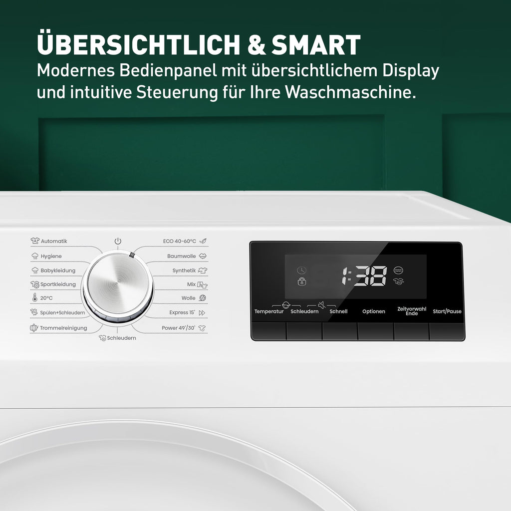 Waschmaschine 8 kg 1400 U/min 15 Programme AquaStop Inverter-Motor LED-Display Steam-Funktion Energieeffizienzklasse A Weiß
