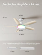 Deckenventilator mit Licht 132 cm dimmbare LED RGB-Ambientlicht DC-Motor App- und Alexa-Steuerung