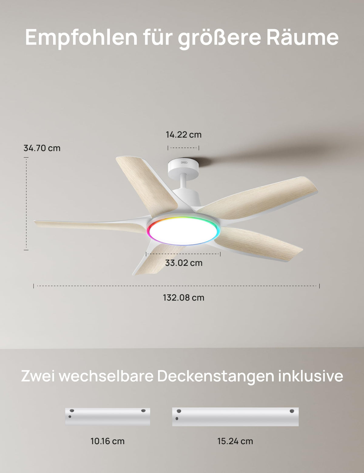 Deckenventilator mit Licht 132 cm dimmbare LED RGB-Ambientlicht DC-Motor App- und Alexa-Steuerung