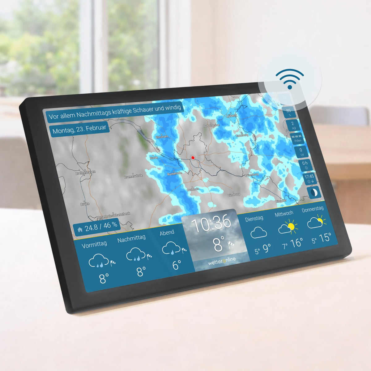 WLAN-Wetterstation wetteronline home 4 mit WetterRadar und 11-Zoll-Full-HD-Display, 14-Tage-Vorhersage und Unwetterwarnungen
