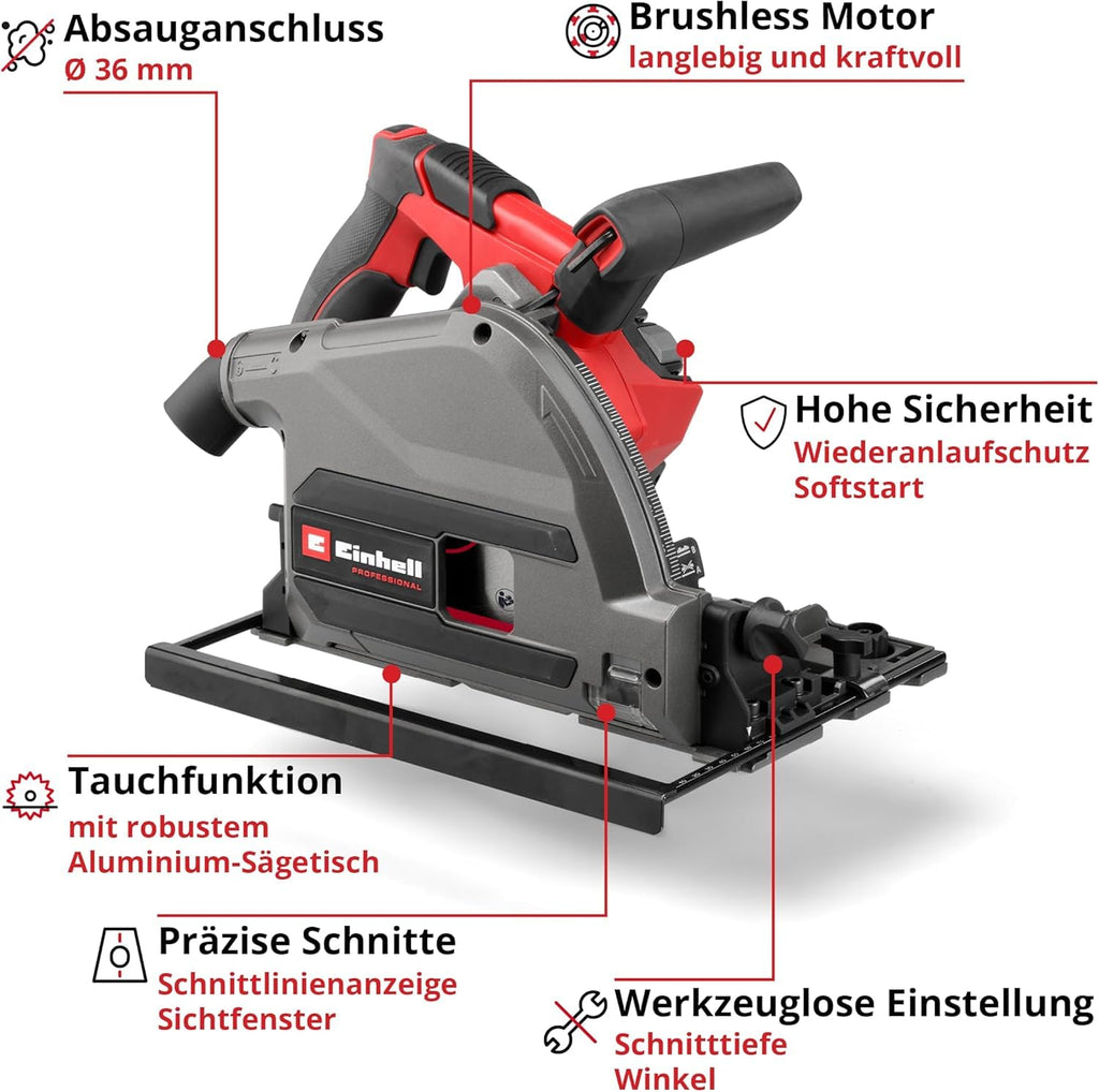 Akku-Tauchsäge TP-PS 18/165 Li BL Solo mit Brushless-Motor, 56 mm Schnitttiefe, inkl. Sägeblatt und Parallelanschlag