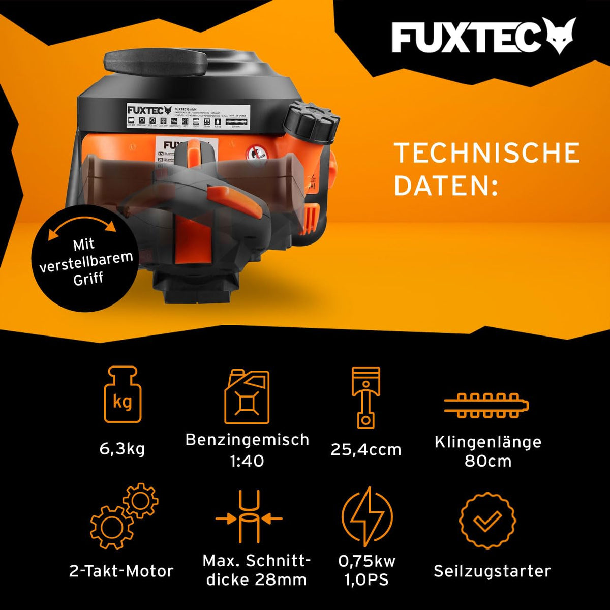 Benzin-Heckenschere FX-MHP126 mit 800 mm Schwertlänge und beidseitig verstellbarem Griff