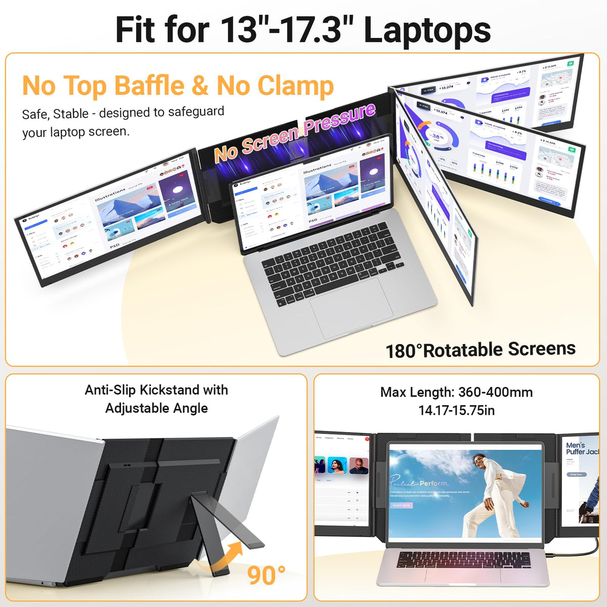 Tragbarer Laptop-Bildschirm 15,6"""" FHD 1080p Dreifach-Monitor für 13–17,3"""" Laptops, USB-C/HDMI Plug & Play mit Tasche