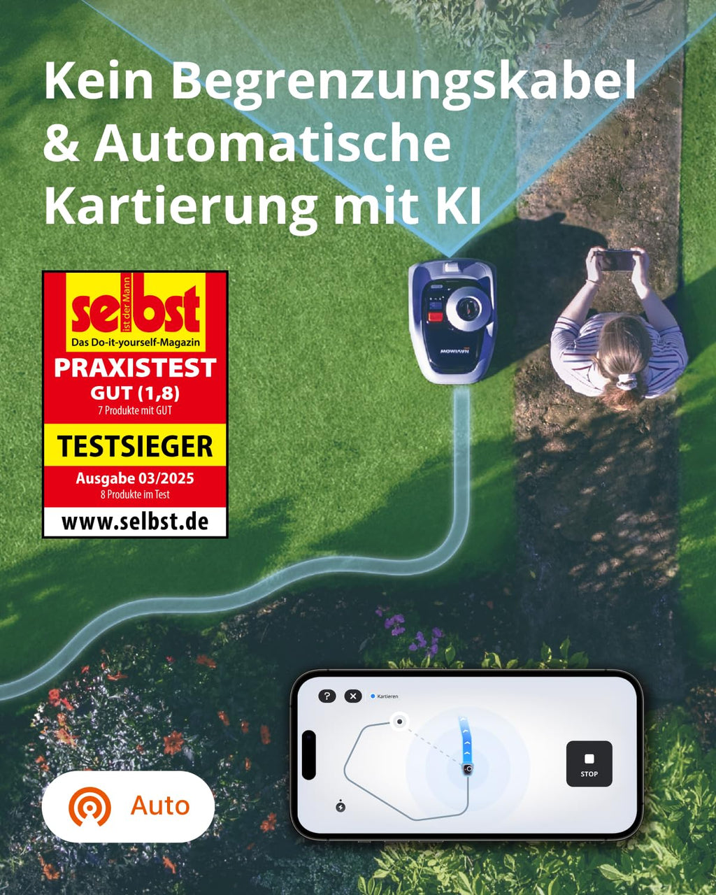 Mähroboter i105E ohne Begrenzungskabel, für 500 m², RTK und Vision, mit Ladestation und 9 Ersatzklingen