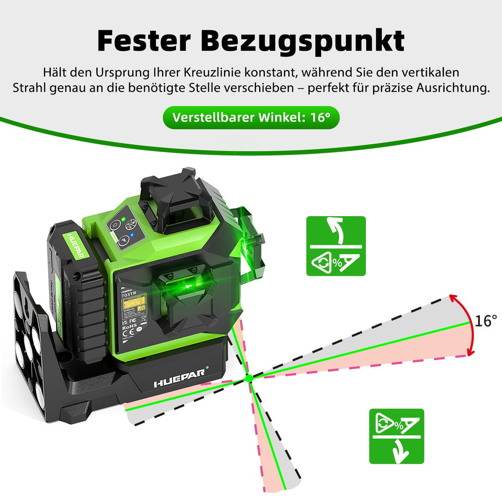 Kreuzlinienlaser 360 Grad mit motorischer Basis, Fernbedienungsempfänger und 5200-mAh-Akku